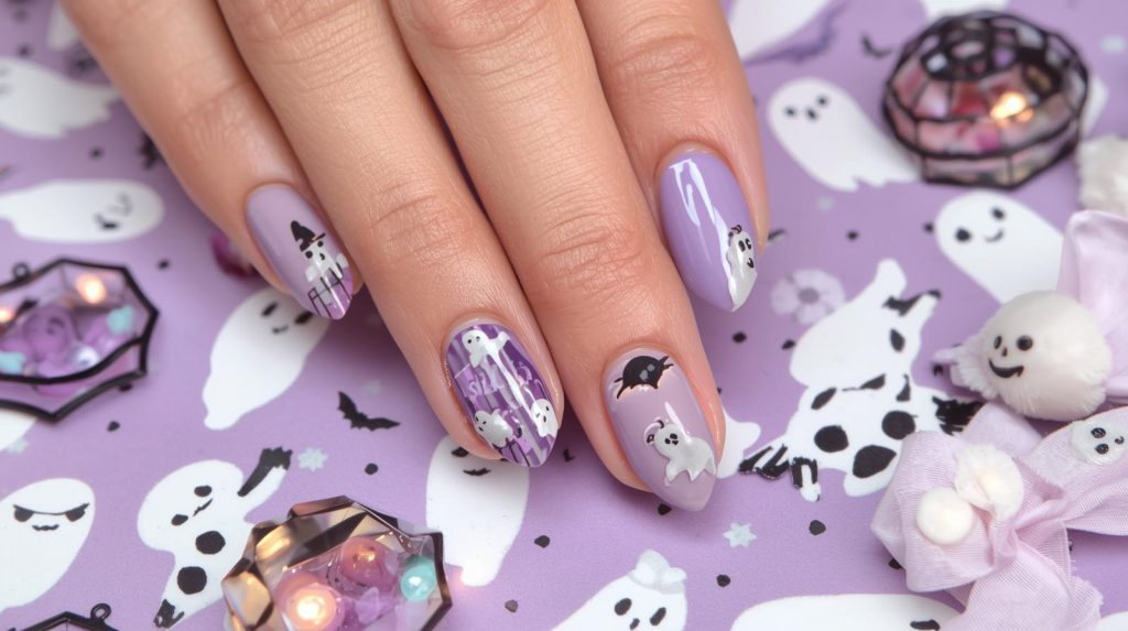 Cute Halloween Nails: Adorable and Pinterest-Worthy Manicures to Adore 7 Pastel purple tiny ghost cute Halloween nail design with ghost stickers.