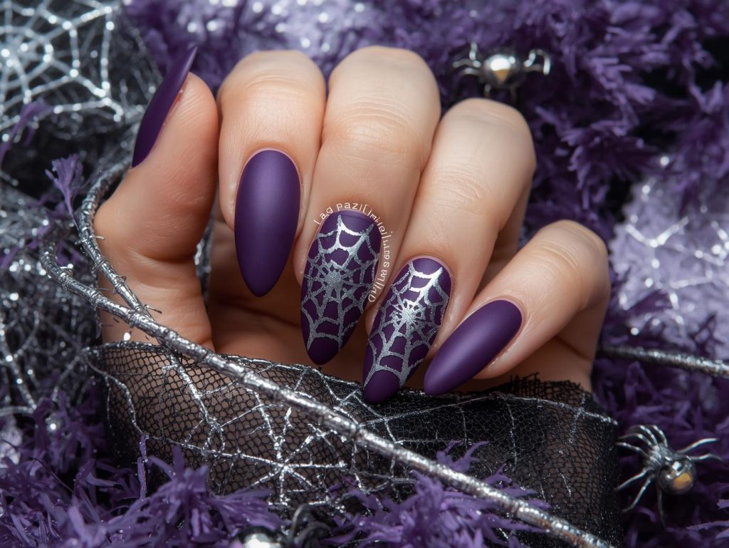  Matte purple silver spider web Halloween press-on nails with silver decals.