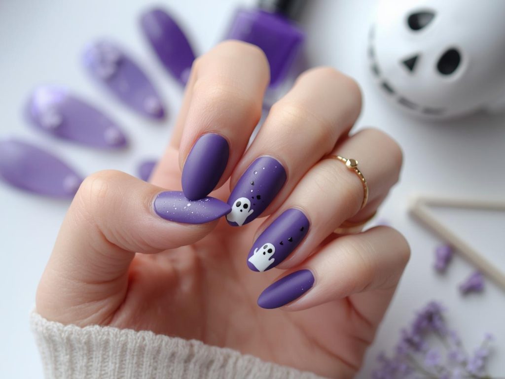 Matte purple ghost dot simple Halloween nail design with white dot.