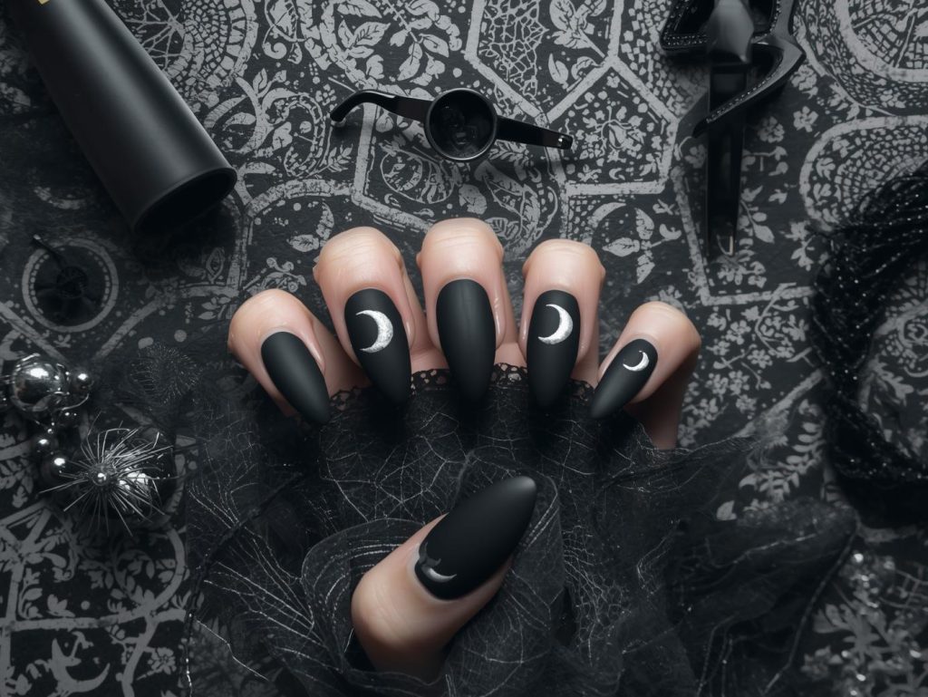 Matte black crescent moon black Halloween nail design with silver stickers.