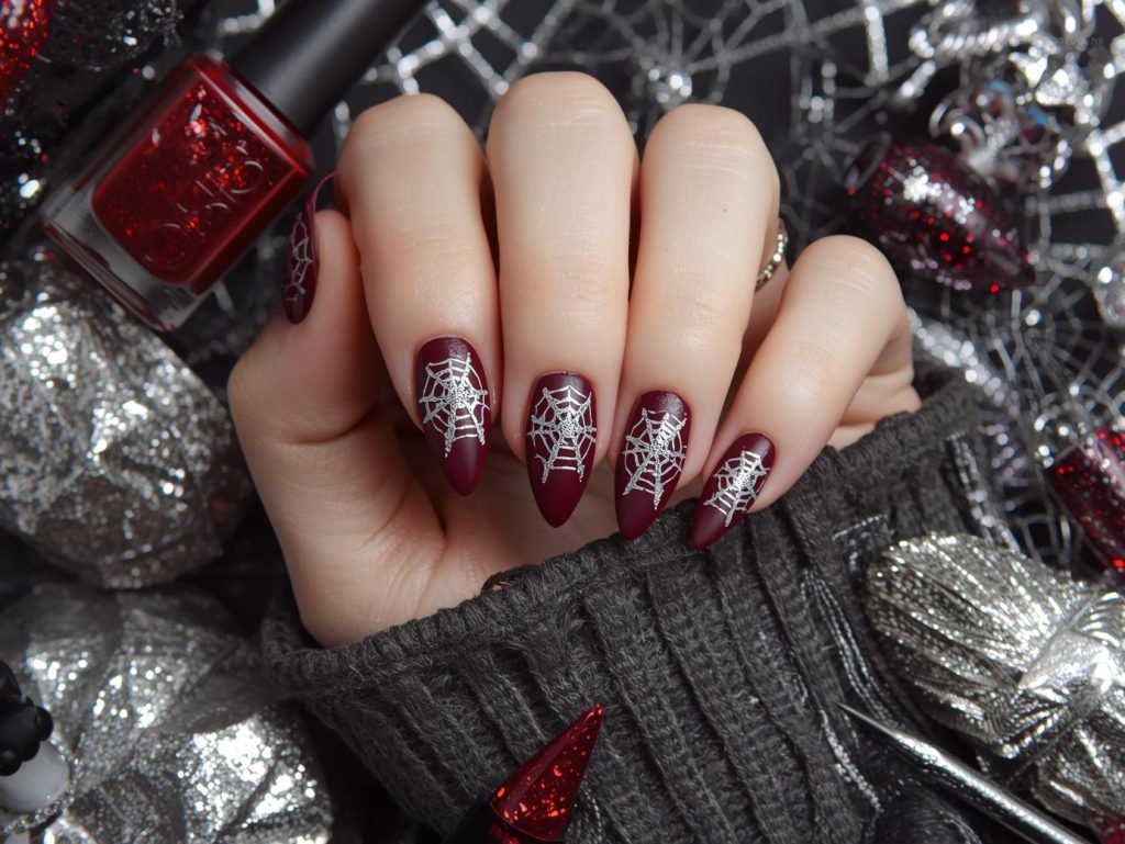 Matte burgundy silver spider web classy Halloween nail design with silver decals.