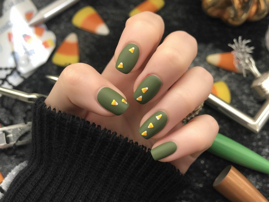 Matte olive green candy corn short Halloween nail design with gold decals.