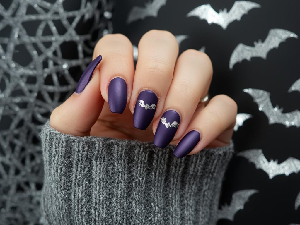 Halloween Acrylic Nails: Bold, Spooky, and Pinterest-Worthy Designs to Adore 7 Matte deep violet bat wing Halloween acrylic nail design with silver decals.
