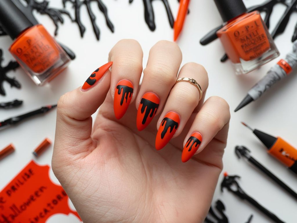 Matte blood orange Halloween nail color with black drip accents.