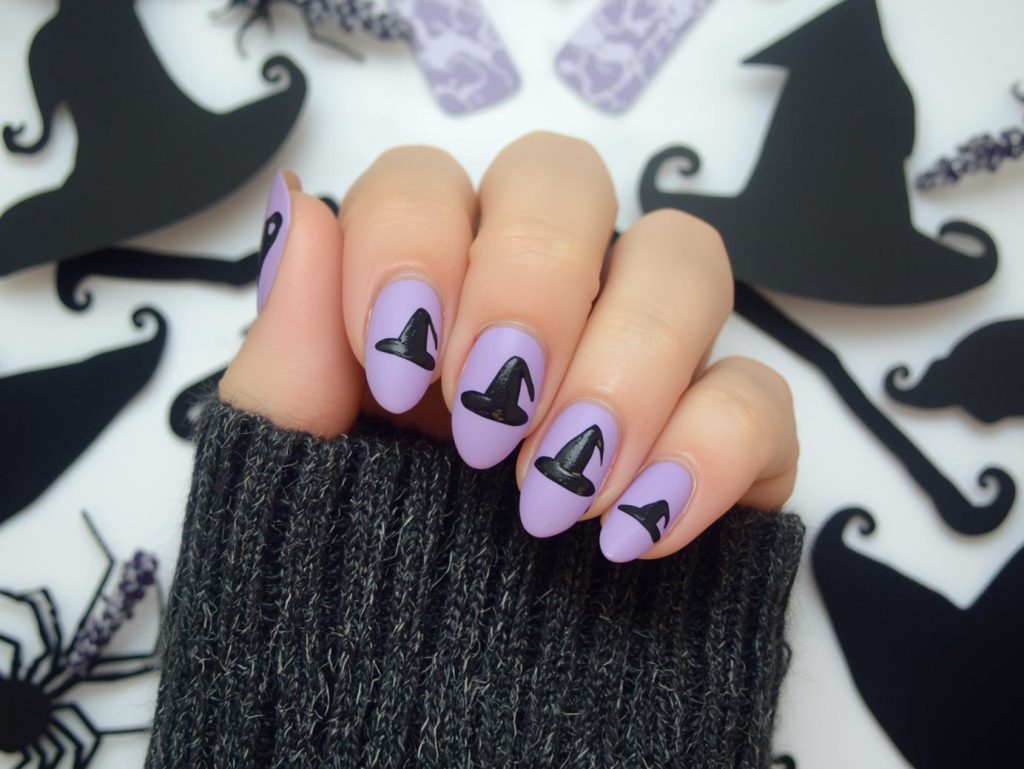 Purple Halloween Nails: Mystical, Spooky, and Pinterest-Worthy Designs to Adore 7 Matte lavender witch hat purple Halloween nail design with black stickers.