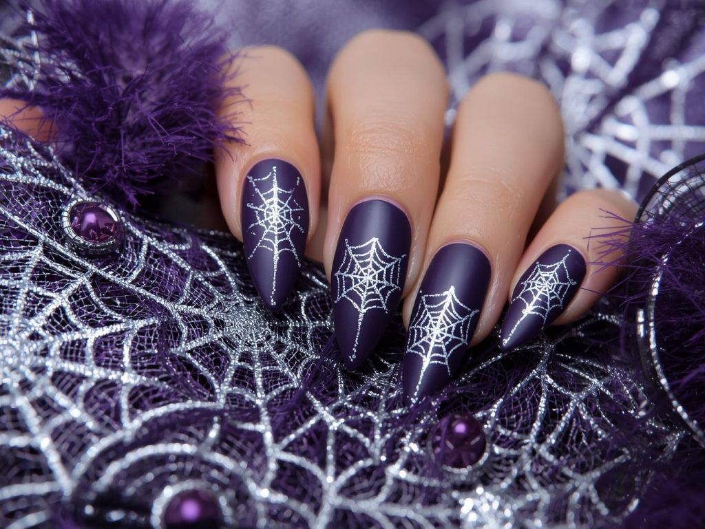 Matte purple spider web Kiss Halloween nail design with silver decals.