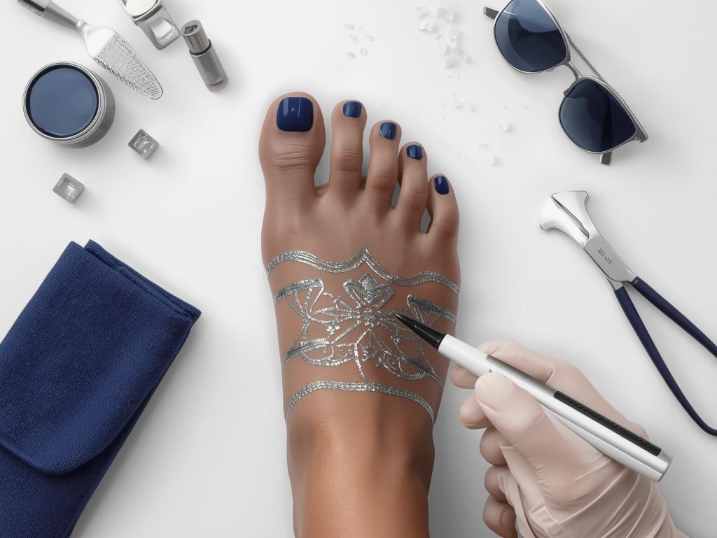 Creating matte navy silver geometric pedicure with silver geometric patterns.