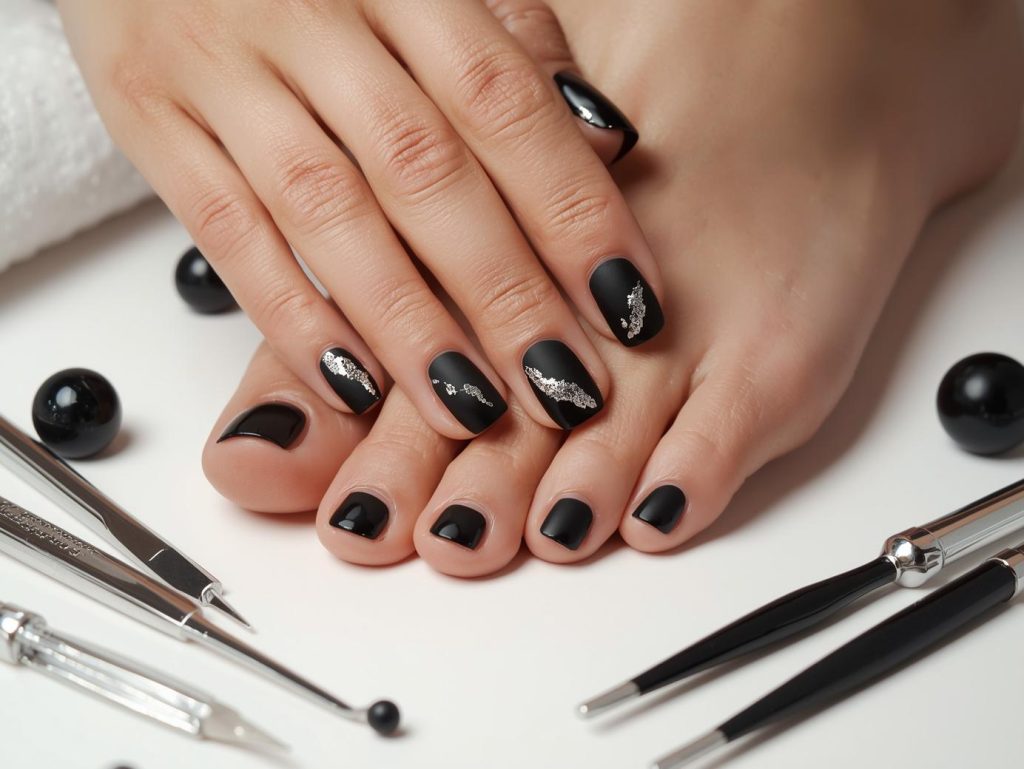 Matching Nails and Toes: Coordinated and Pinterest-Worthy Looks to Adore 8 Creating matte black silver foil matching nails and toes with silver foil details.