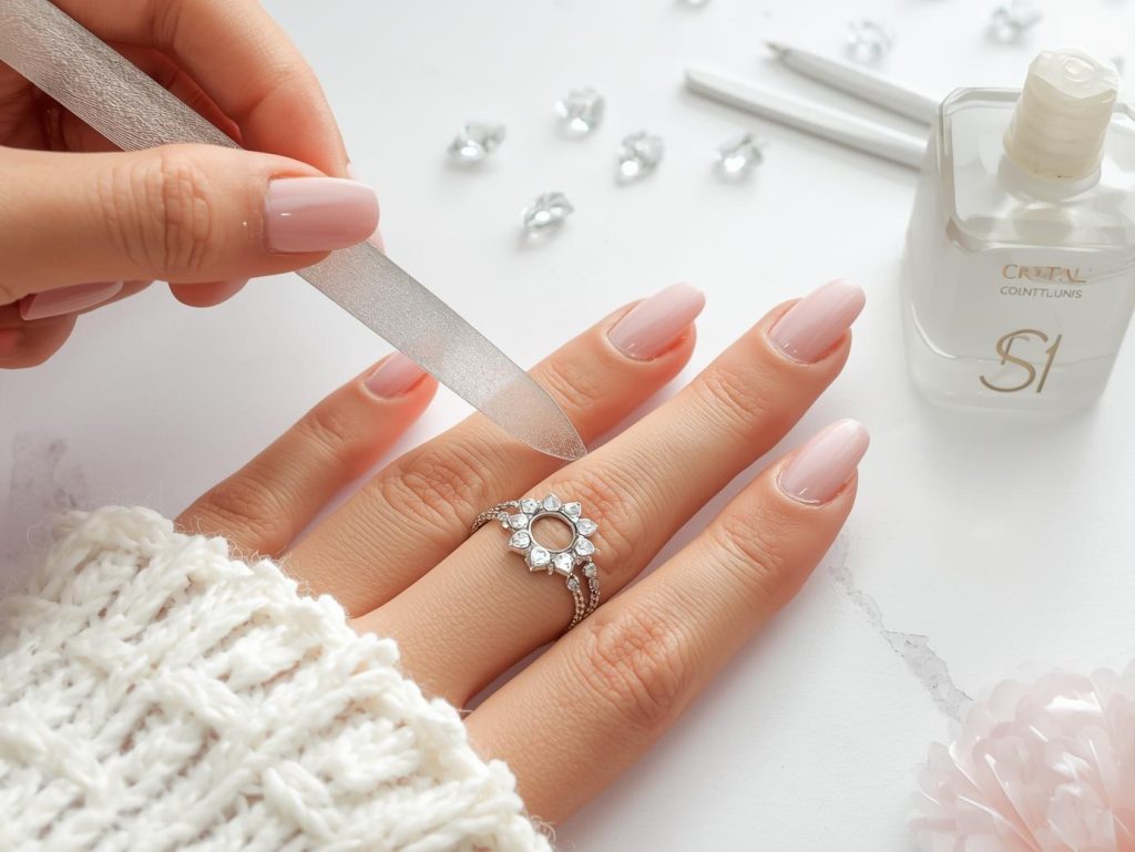 Filing almond-shaped nails for a nail care routine.