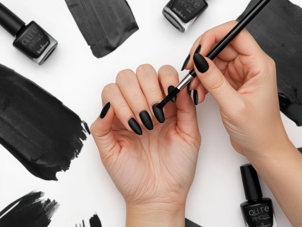 Applying matte black nail polish swatch with bold matte texture