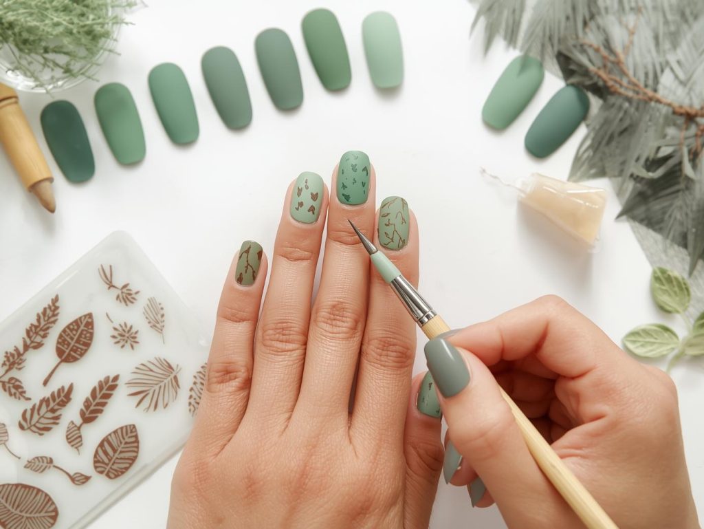 Applying matte sage green leaf-inspired stamped vegan nail polish design with leaf patterns.