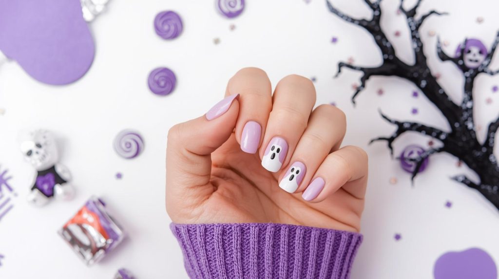 Cute Halloween Nails: Adorable and Pinterest-Worthy Manicures to Adore 8 Applying pastel purple tiny ghost cute Halloween nail design with ghost stickers.
