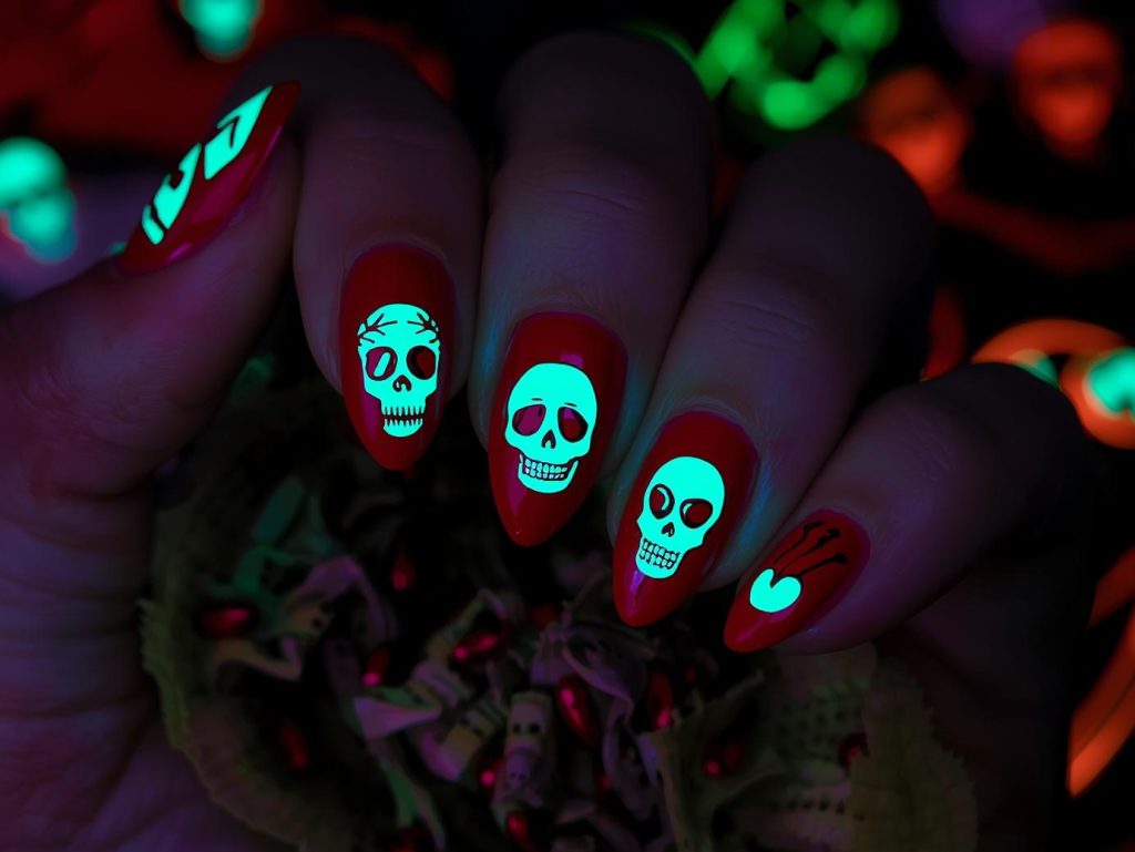 Deep red glow-in-the-dark skull Halloween nail art with skull accents.