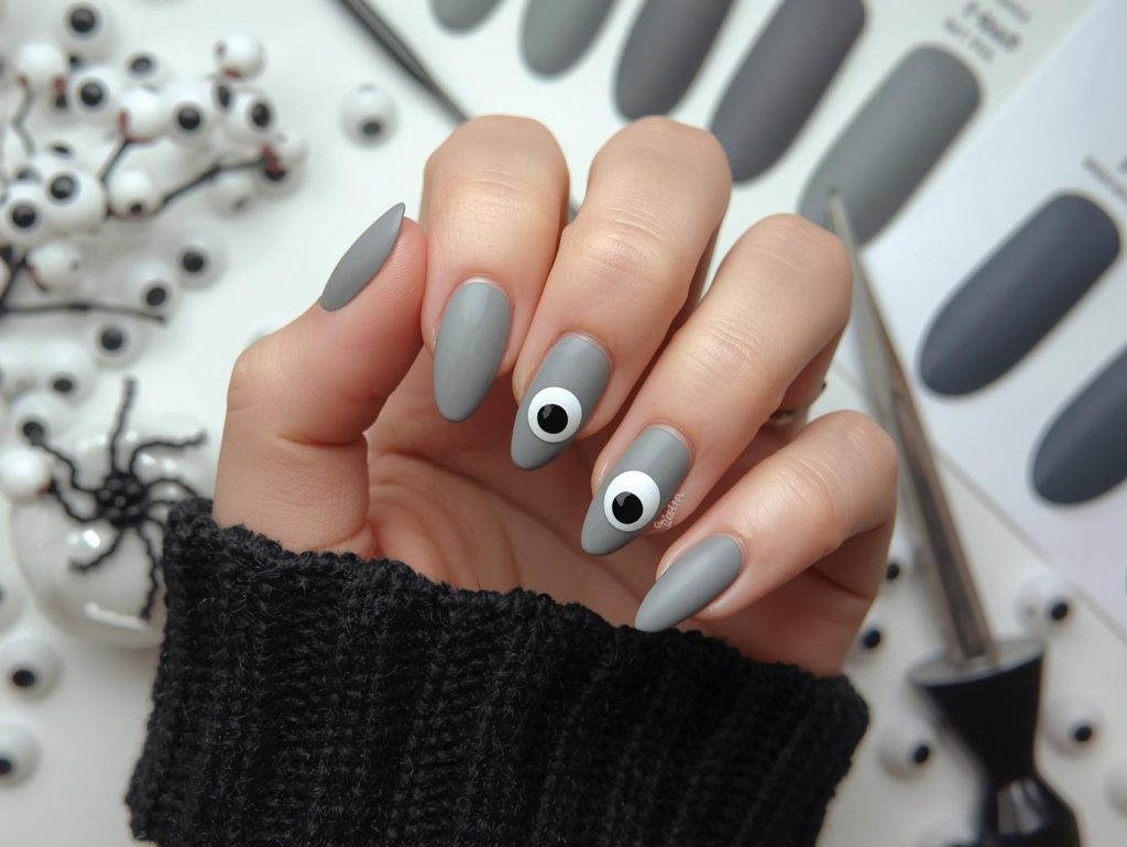 Applying matte gray googly eye easy Halloween nail design with googly eye decals.