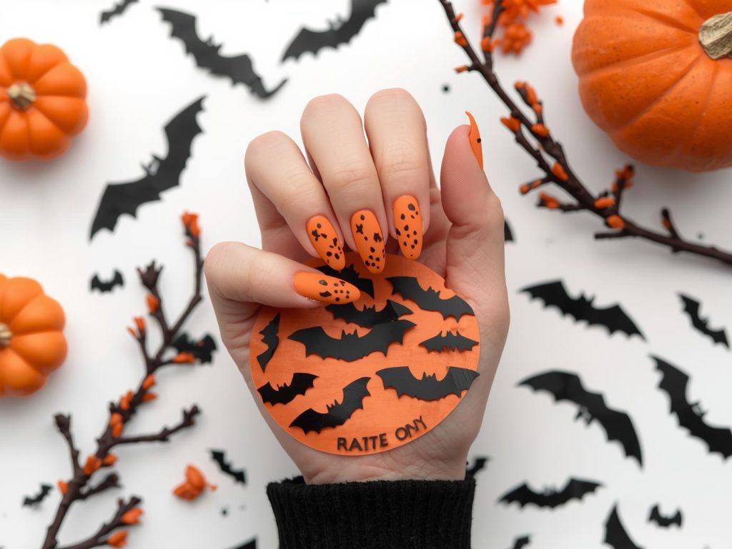 Applying matte orange black bat Halloween nail stickers with black decals.