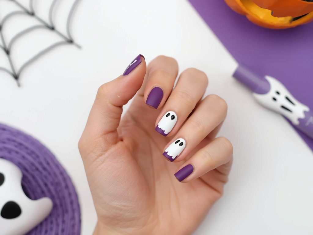 Applying matte purple ghost dot simple Halloween nail design with white dot.