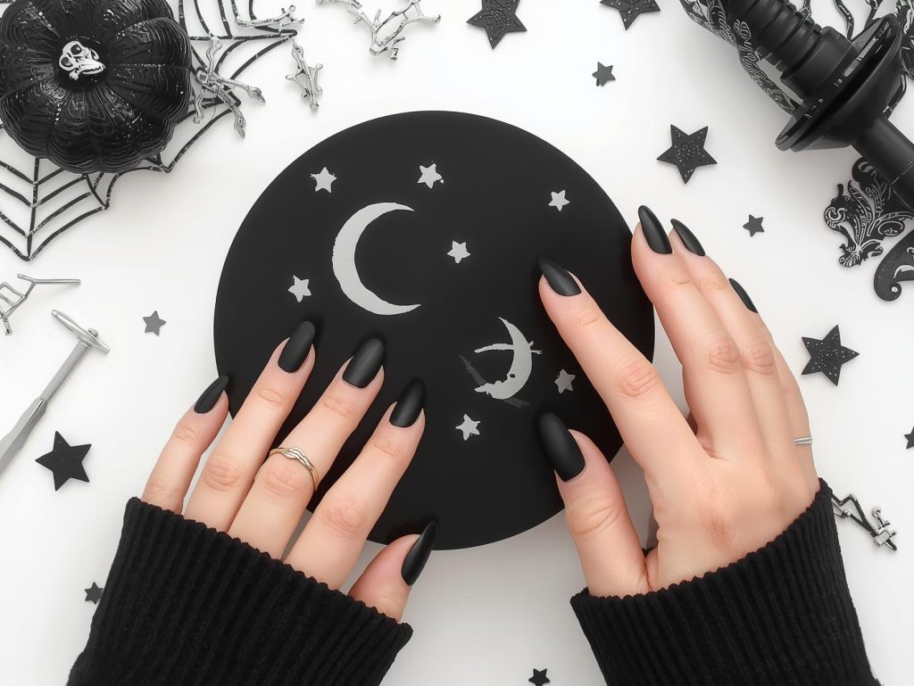 Applying matte black crescent moon black Halloween nail design with silver stickers.