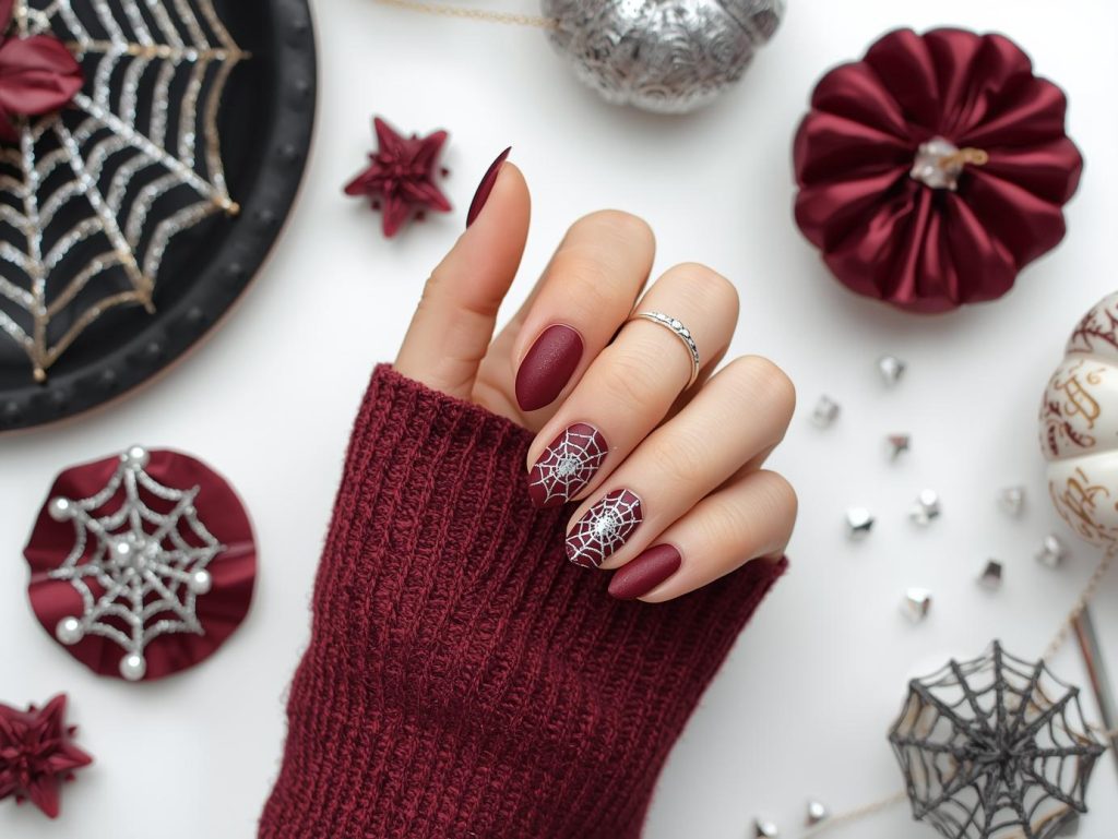 Applying matte burgundy silver spider web classy Halloween nail design with silver decals.