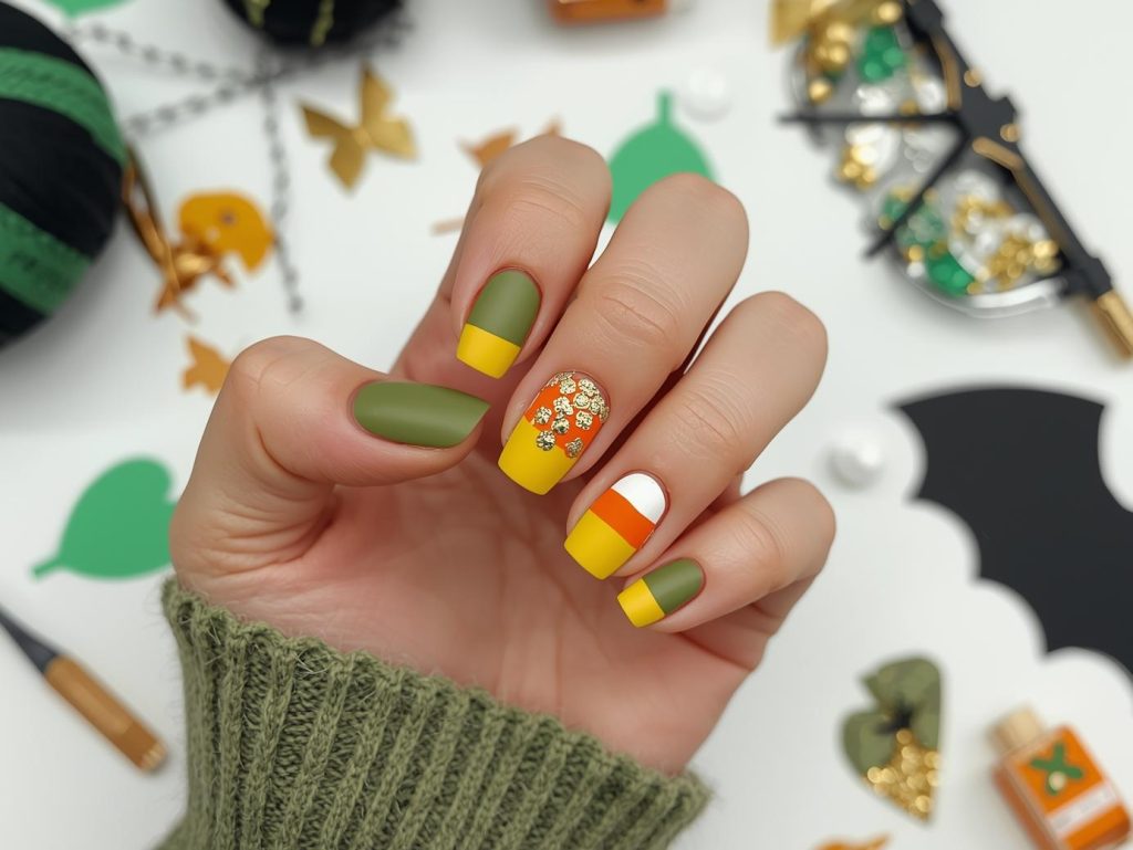 Applying matte olive green candy corn short Halloween nail design with gold decals.
