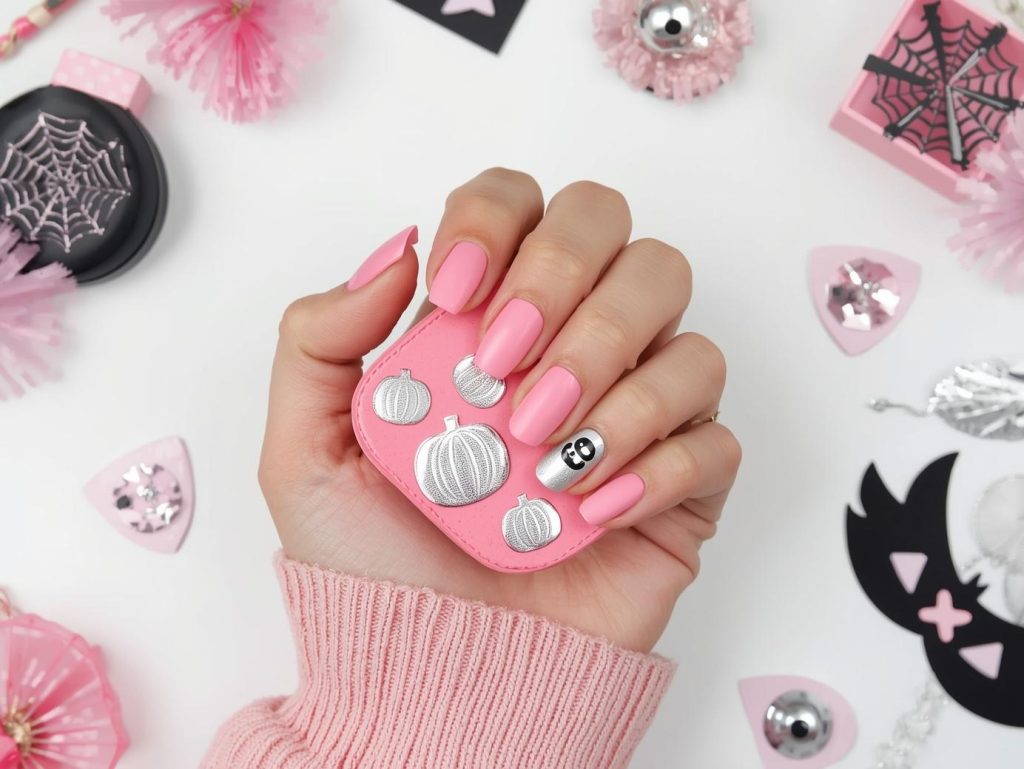 Applying matte bubblegum pink pumpkin decal pink Halloween nail design with silver decals.