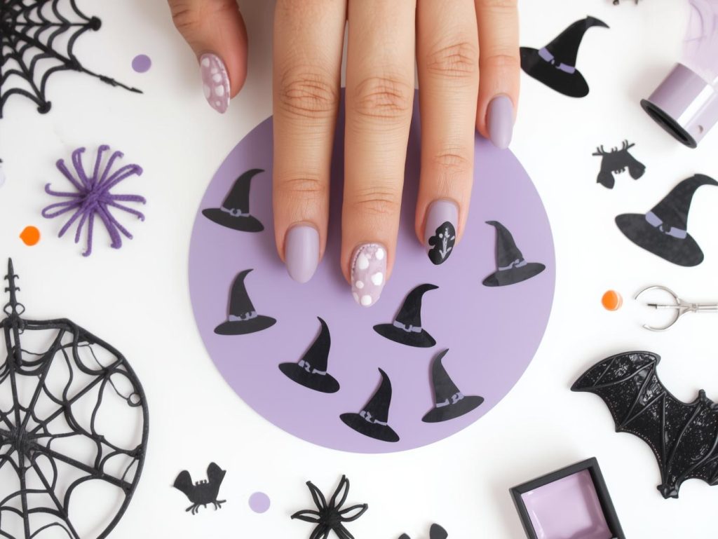 Purple Halloween Nails: Mystical, Spooky, and Pinterest-Worthy Designs to Adore 8 Applying matte lavender witch hat purple Halloween nail design with black stickers.
