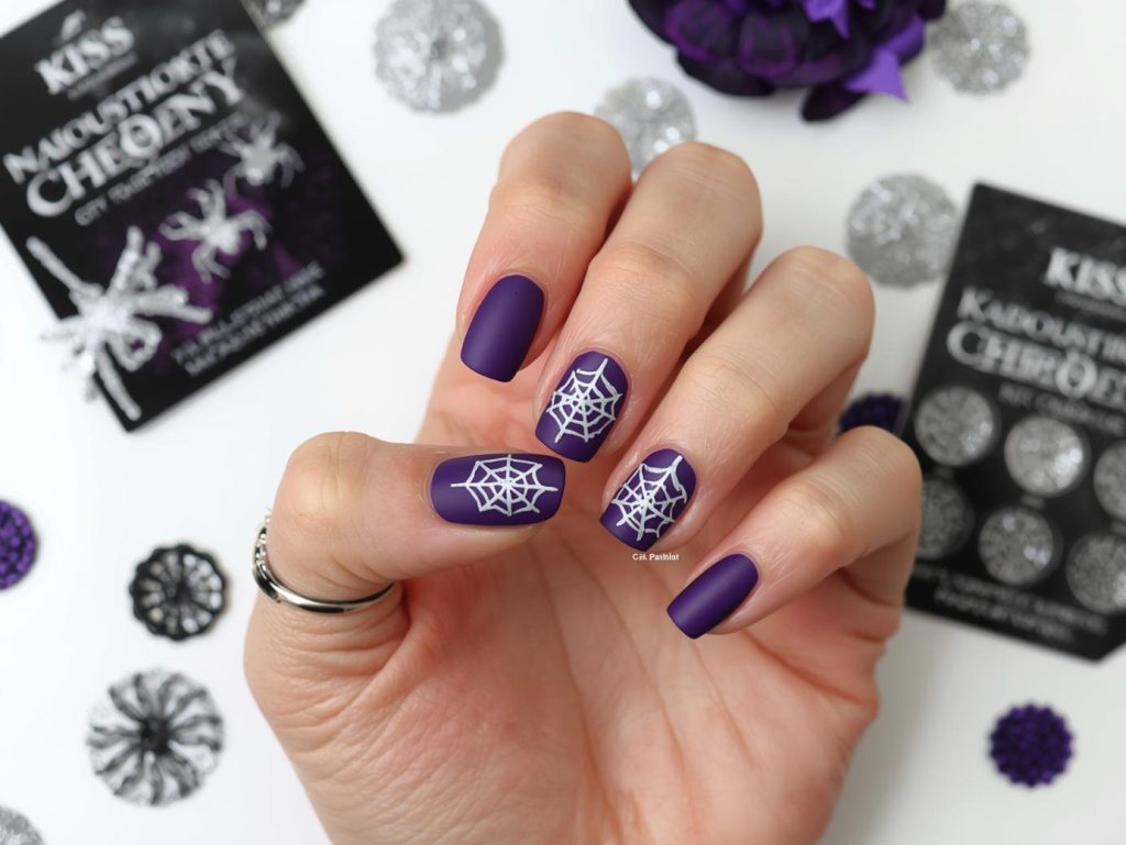 Applying matte purple spider web Kiss Halloween nail design with silver decals.