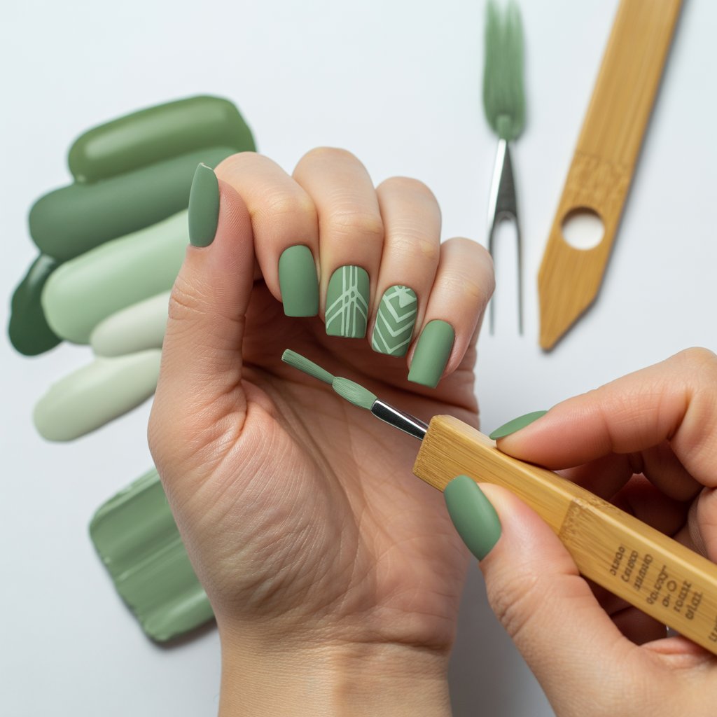 Eco-Friendly Nails: Sustainable and Pinterest-Worthy Manicures to Adore 8 Applying matte sage green plant-based geometric eco-friendly nails with geometric patterns.