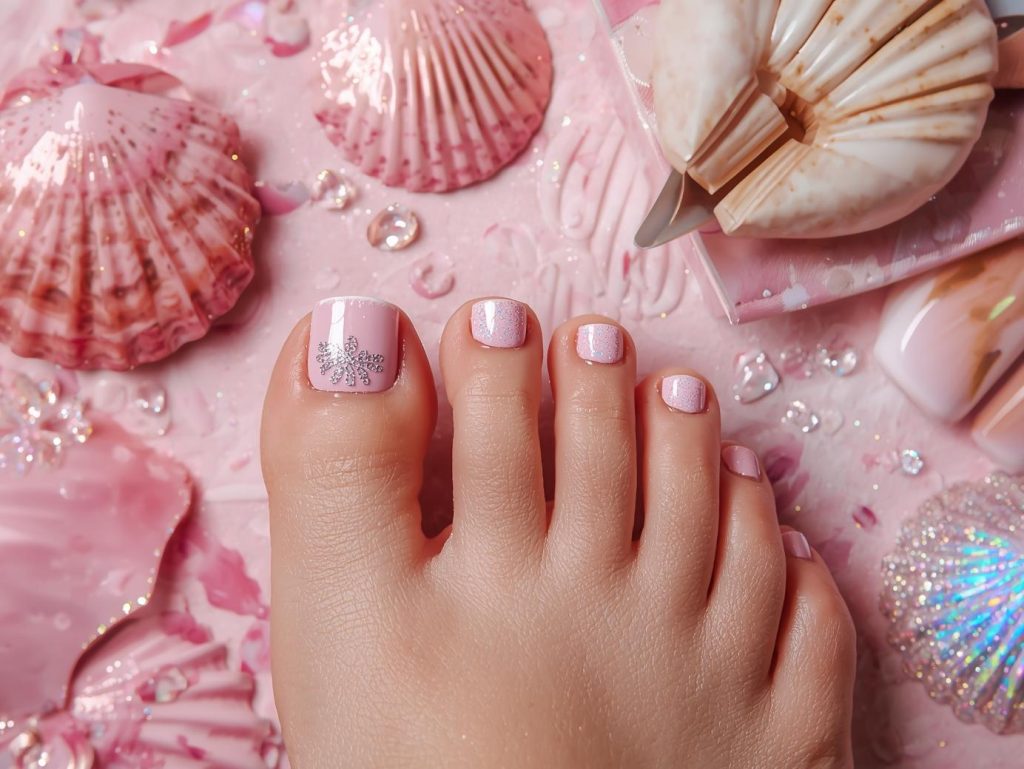  Soft pink holographic seashell pedicure with holographic decals.