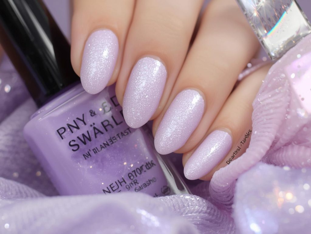Soft lavender nail polish swatch with pearlescent glow.
