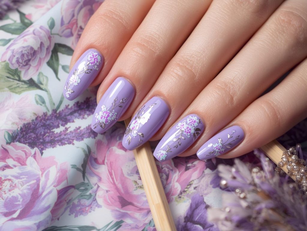 Soft lavender holographic floral decal vegan nail polish design with floral decals.