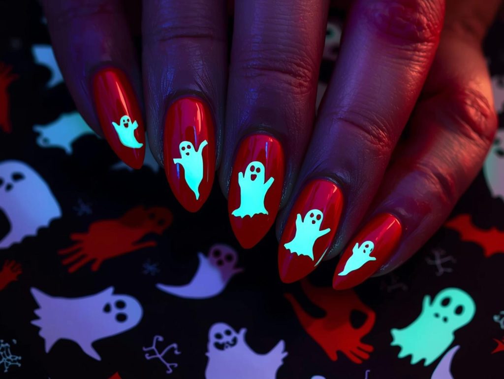  Blood red glow-in-the-dark ghost Halloween nail design with ghost accents.