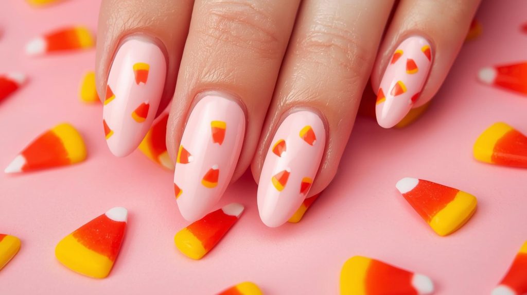 Cute Halloween Nails: Adorable and Pinterest-Worthy Manicures to Adore 9 Soft pink candy corn cute Halloween nail design with candy corn patterns.