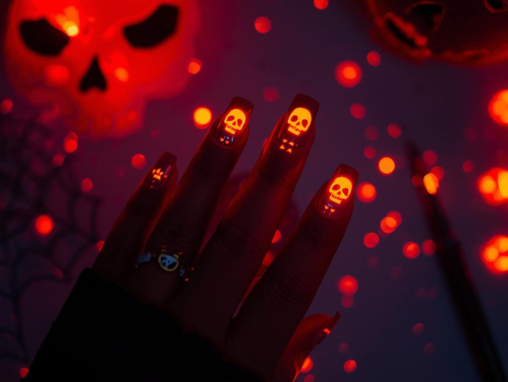  Applying deep red glow-in-the-dark skull Halloween nail art with skull decals.