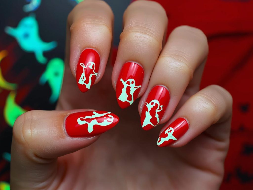 Blood red glow-in-the-dark ghost Halloween press-on nails with ghost stickers.