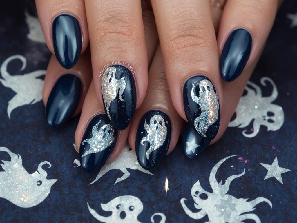Deep navy pearl ghost classy Halloween nail design with shimmering silhouettes.