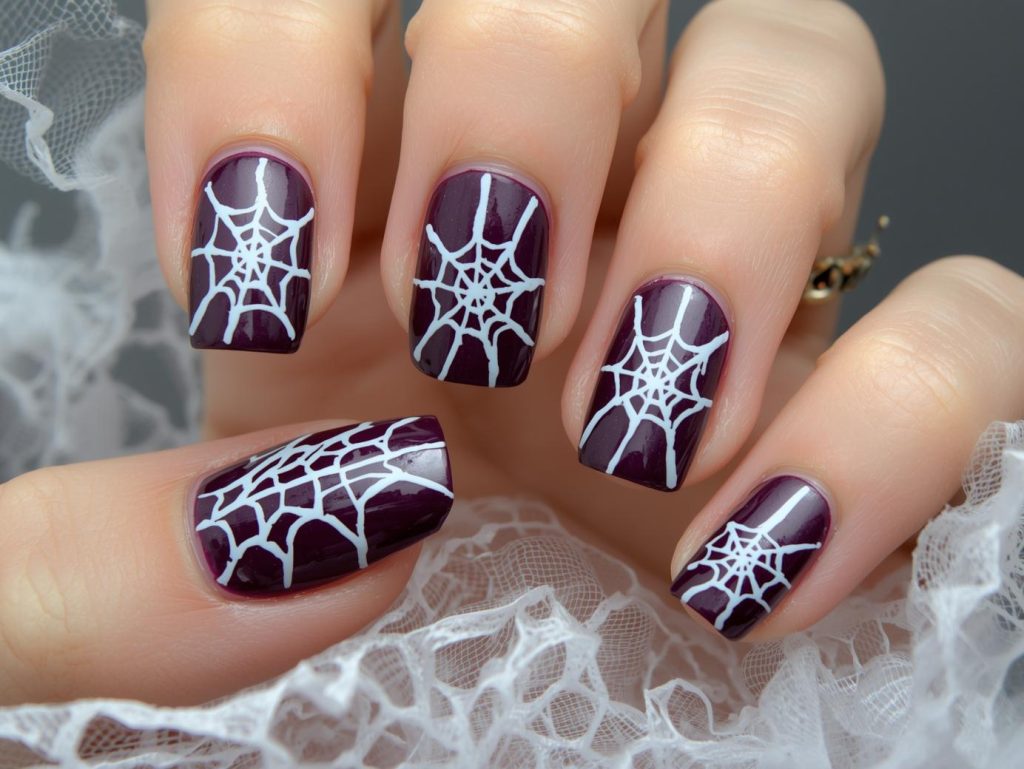 Deep plum cobweb short Halloween nail design with white lines.