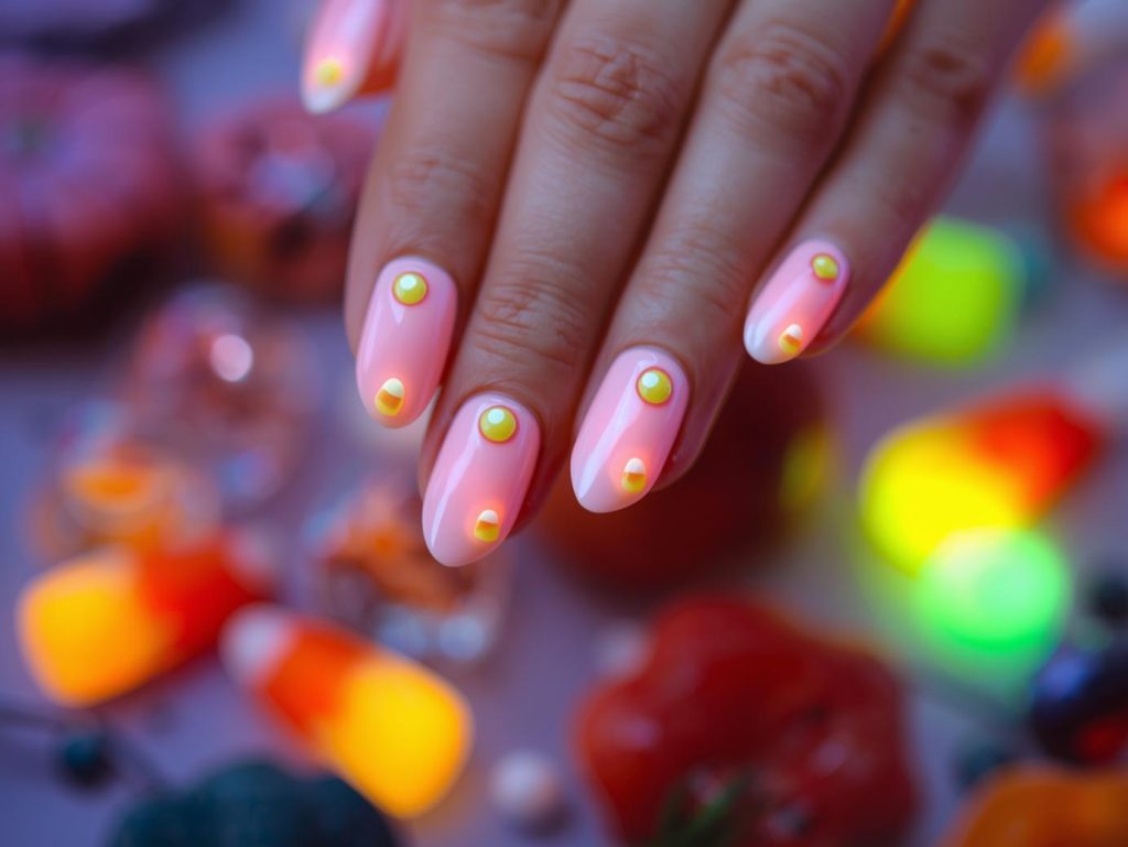  Soft pink candy corn pink Halloween nail design with glow-in-the-dark dots.
