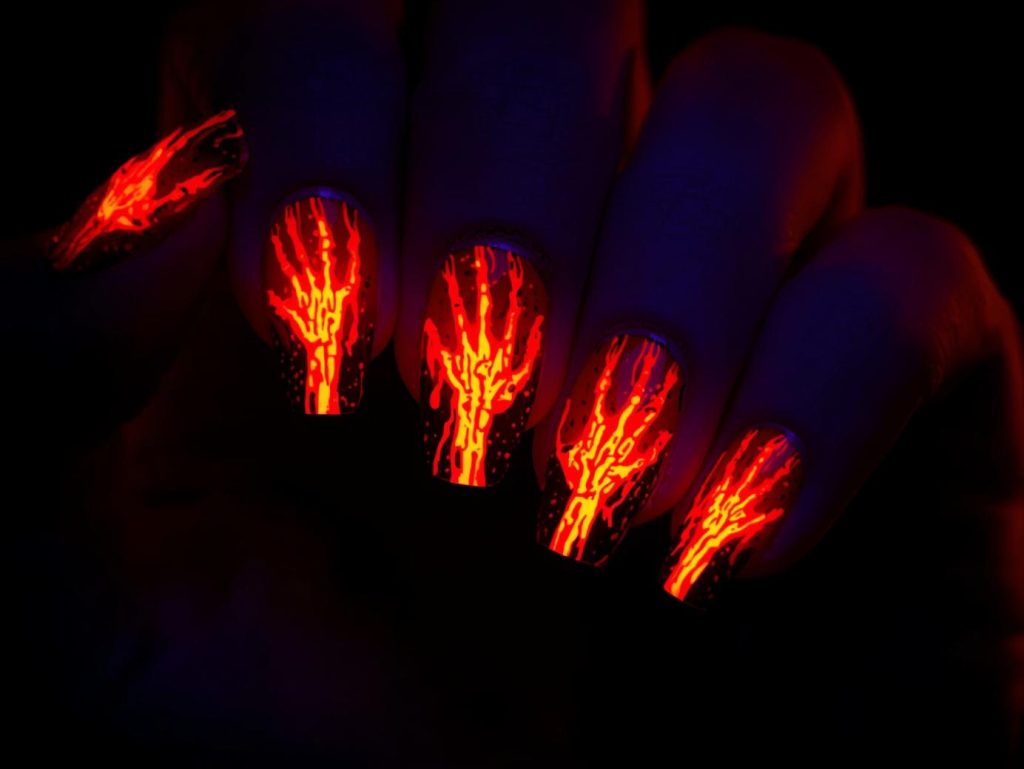 Halloween Acrylic Nails: Bold, Spooky, and Pinterest-Worthy Designs to Adore 9 Vibrant crimson zombie hand Halloween acrylic nail design with glow-in-the-dark accents.
