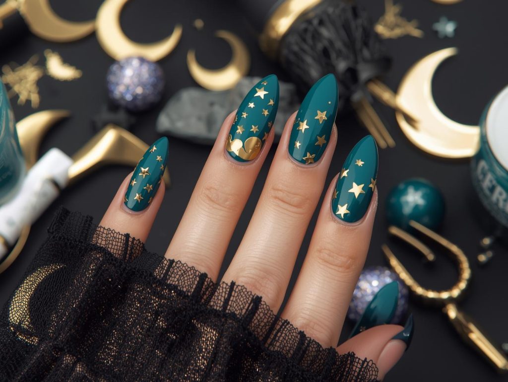 Deep teal Halloween nail color with gold moon stickers.