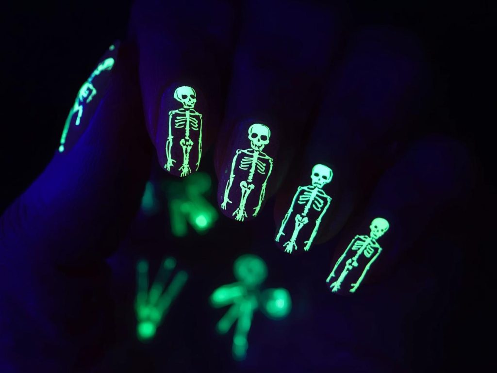 Purple Halloween Nails: Mystical, Spooky, and Pinterest-Worthy Designs to Adore 9 Deep amethyst skeleton purple Halloween nail design with glow-in-the-dark accents.