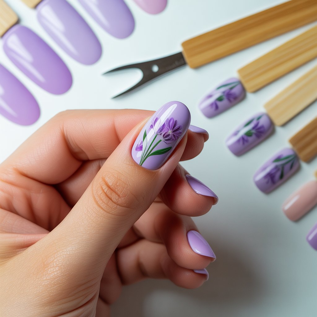 Eco-Friendly Nails: Sustainable and Pinterest-Worthy Manicures to Adore 9 Soft lavender vegan floral decal eco-friendly nails with floral decals.