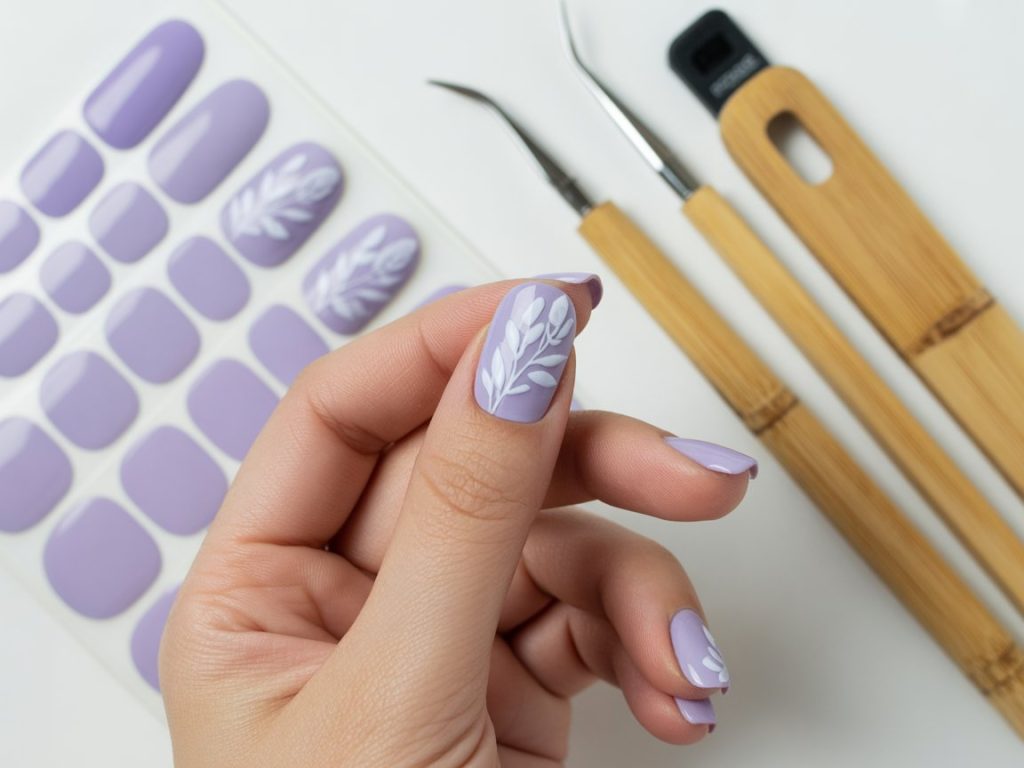 Eco-Friendly Nails: Sustainable and Pinterest-Worthy Manicures to Adore 10 Applying soft lavender vegan floral decal eco-friendly nails with floral decals.