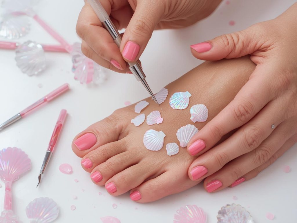 Creating soft pink holographic seashell pedicure with holographic seashell decals.