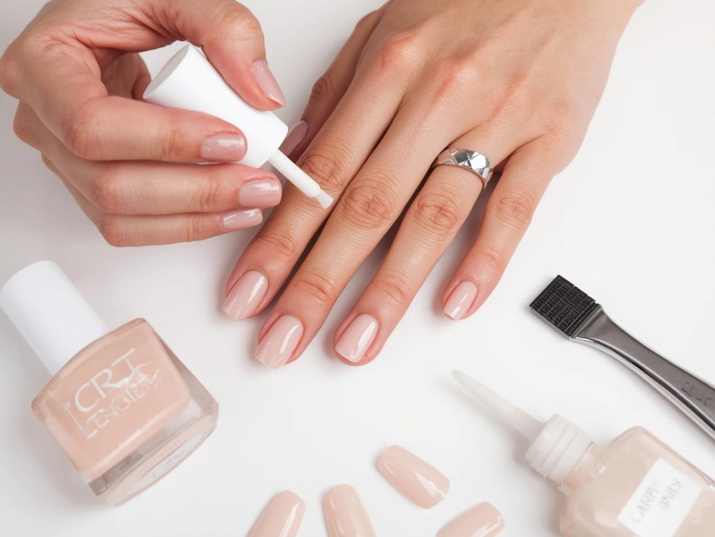 Applying strengthening base coat for natural nail care routine.