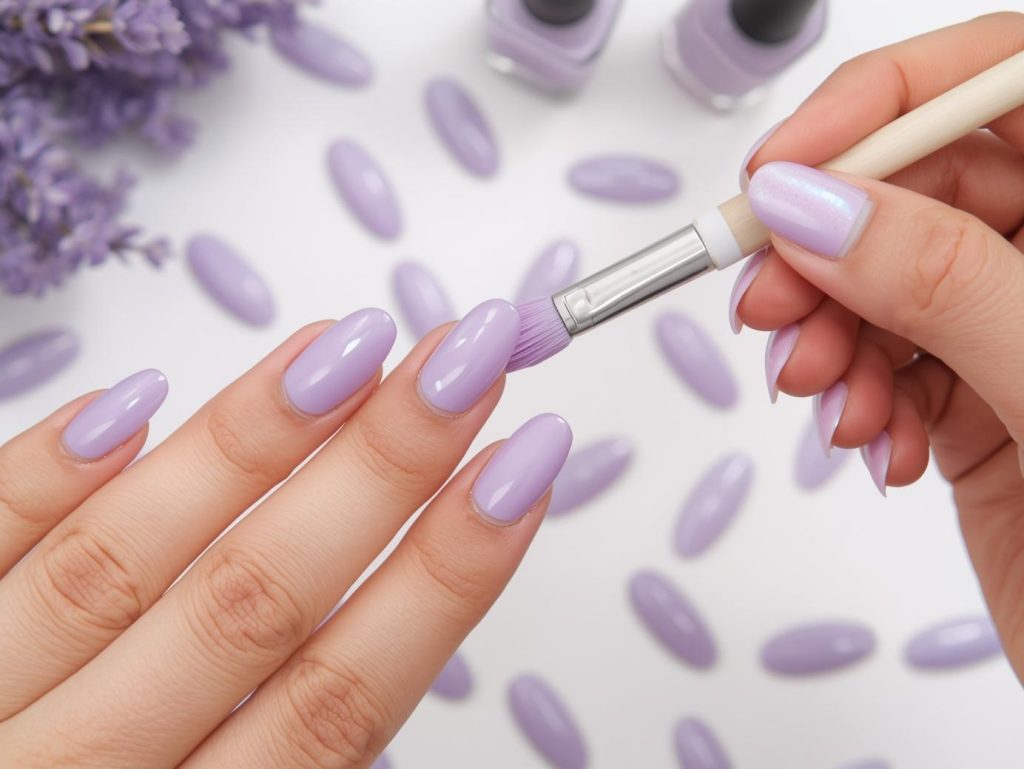 Applying soft lavender nail polish swatch with pearlescent glow
