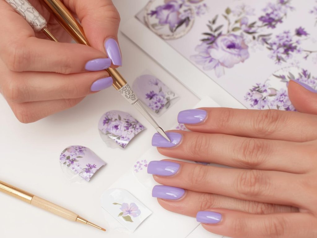 Applying soft lavender holographic floral decal vegan nail polish design with floral decals.