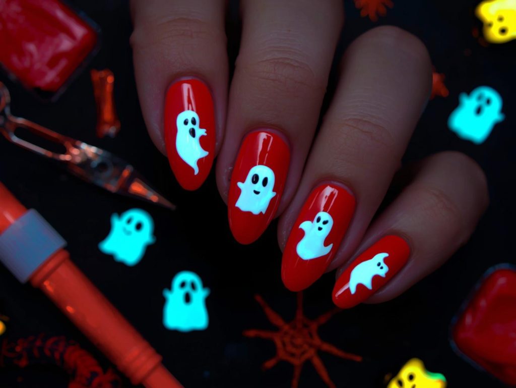 Applying blood red glow-in-the-dark ghost Halloween nail design with ghost decals.