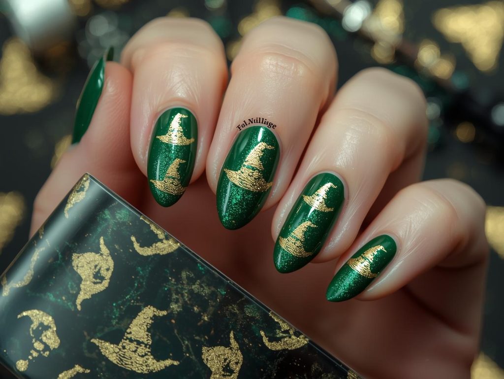 Emerald green gold witch hat Halloween nail art with glossy finish.
