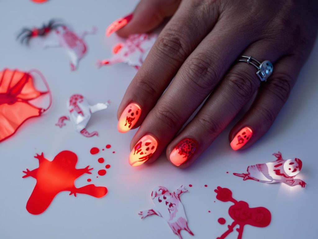 Applying blood red glow-in-the-dark ghost Halloween press-on nails with ghost stickers.