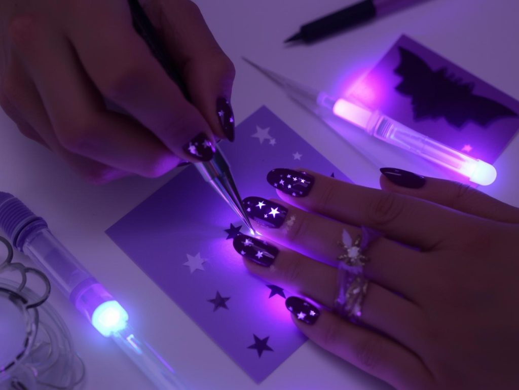 Applying deep purple glow-in-the-dark star easy Halloween nail design with star stickers.